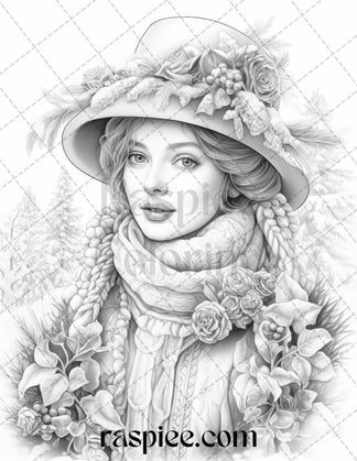 60 Victorian Winter Portrait Grayscale Coloring Pages Printable for Ad ...