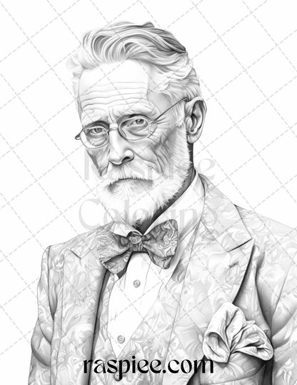 grayscale coloring pages, vintage gentlemen coloring, adult printable art, grayscale illustrations, portrait coloring pages for adults