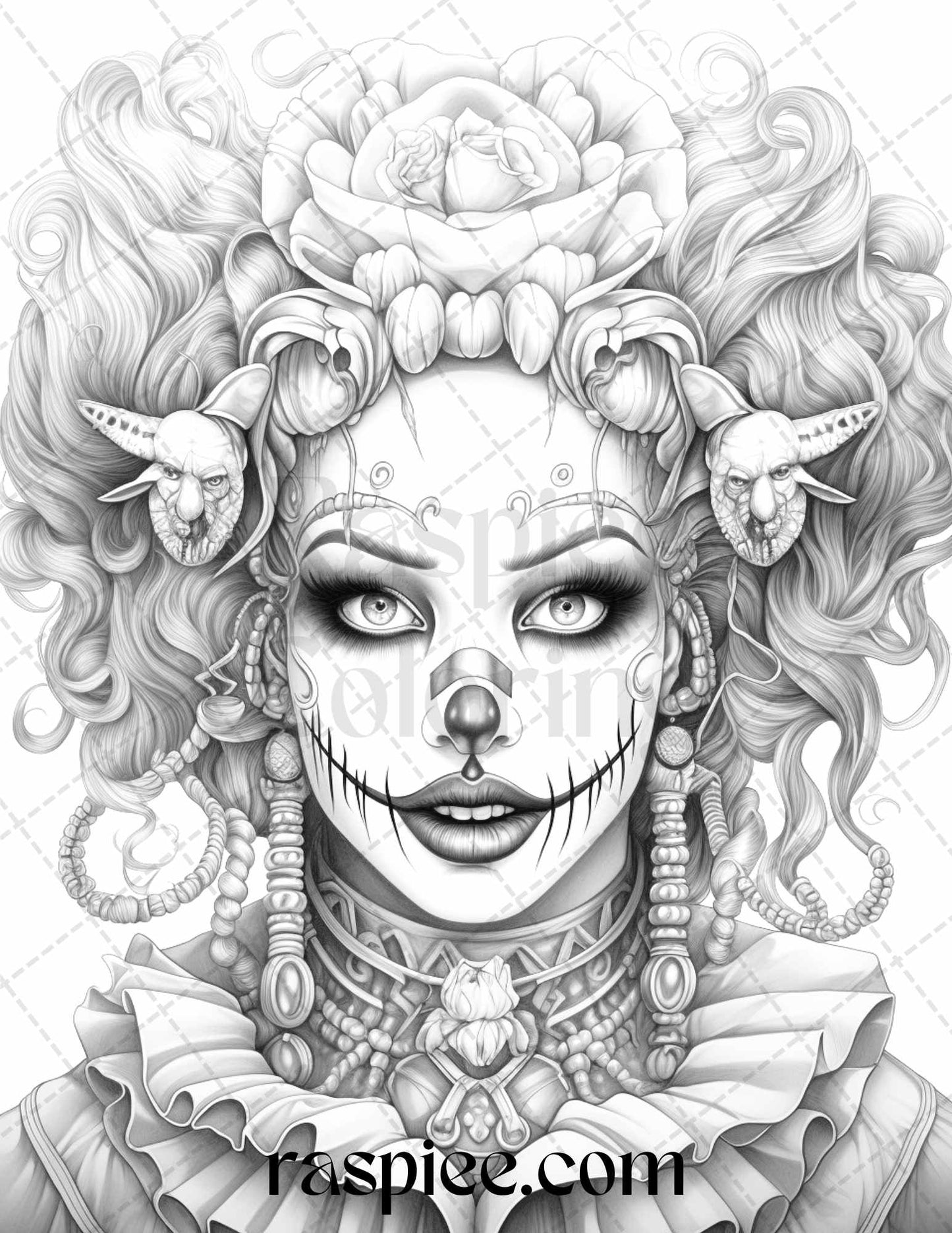 scary clown coloring pages, grayscale coloring pages, girls coloring pages, printable coloring pages, adult coloring pages, Halloween coloring book, creepy coloring pages, horror coloring pages, dark art coloring pages, spooky coloring pages, haunted circus coloring pages, sinister clown art, macabre coloring pages, eerie coloring pages, gothic coloring pages