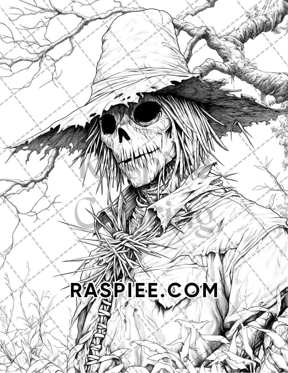 Horror Scarecrow Halloween Adult Coloring Pages Printable PDF Instant Download