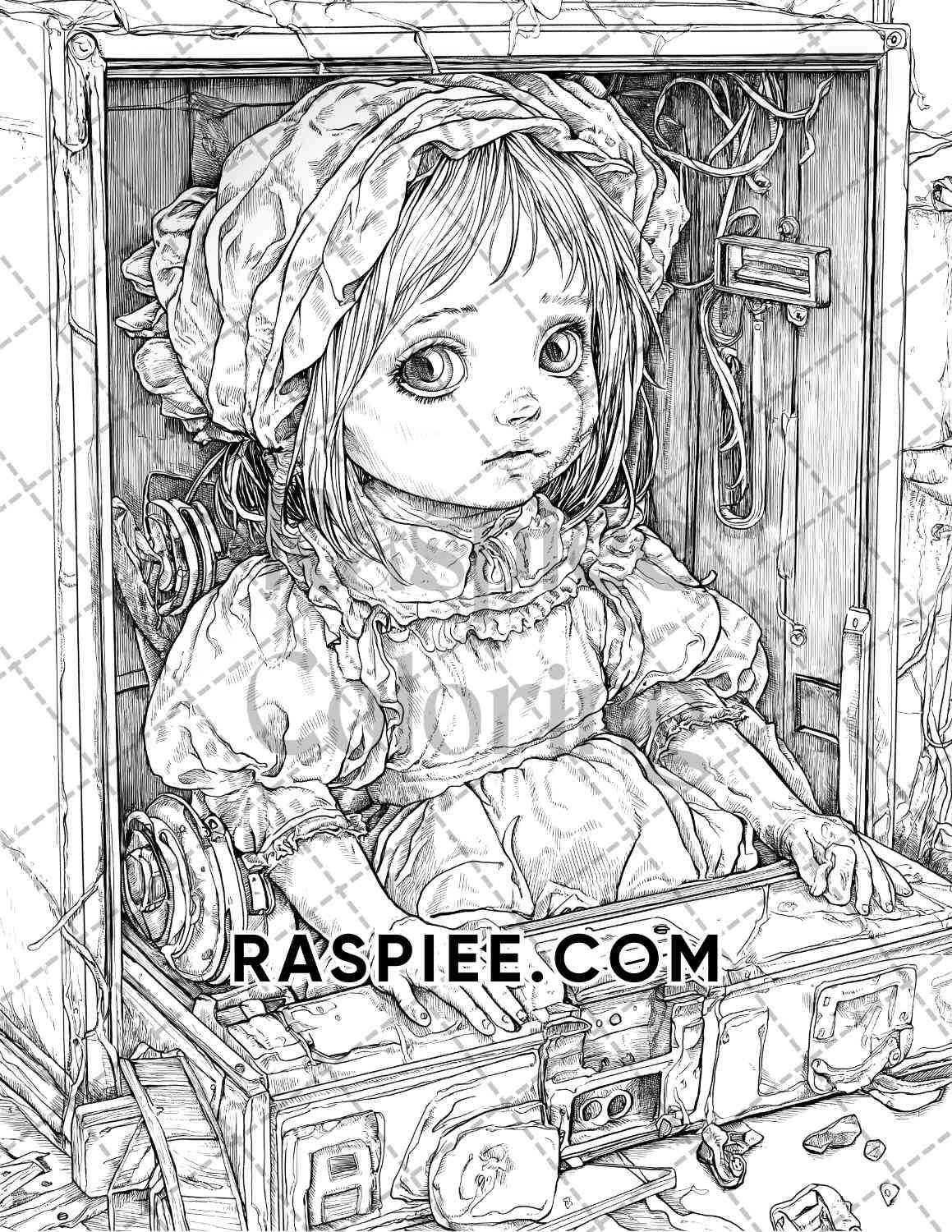 Haunted Dolls Halloween Horror Adult Coloring Pages Printable PDF Instant Download - RASPIEE