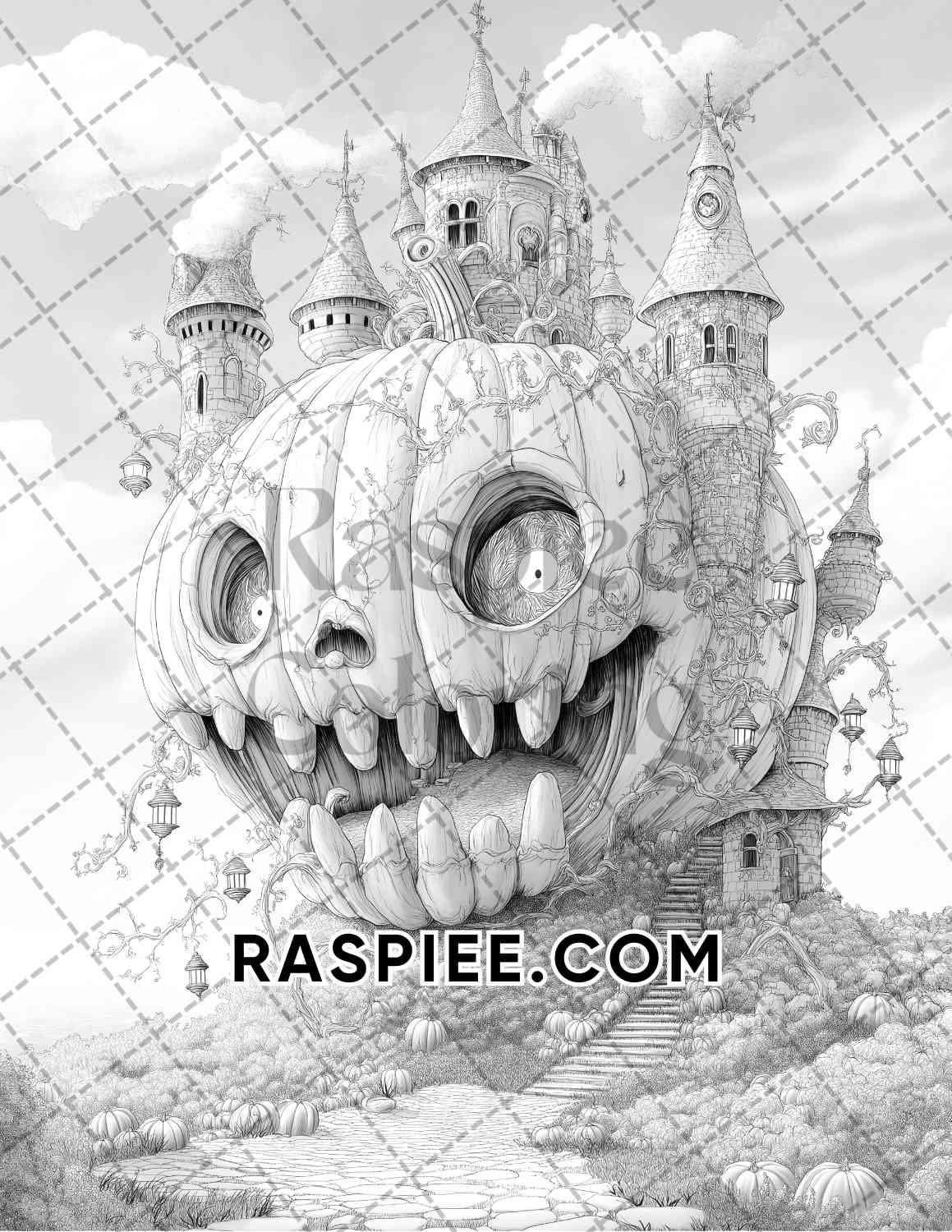 Fantasy Giant Pumpkin Castles Adult Coloring Pages Printable PDF Instant Download - RASPIEE