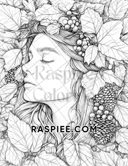 Autumn Beauties Portrait Adult Coloring Pages Printable PDF Instant Download