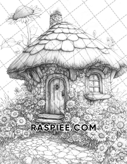 Fantasy Flower Houses Adult Coloring Pages Printable PDF Instant Download