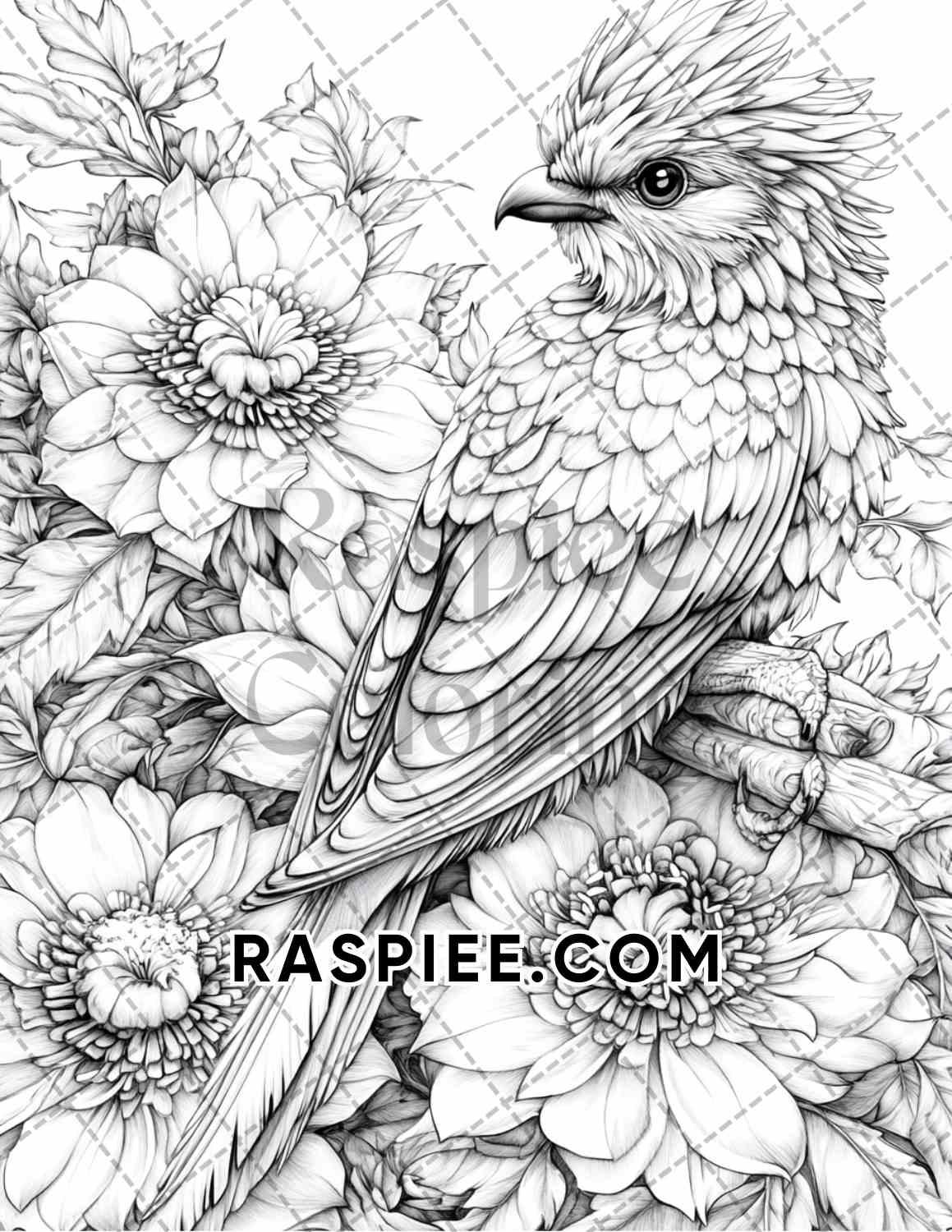 Flowers and Birds Adult Coloring Pages Printable PDF Instant Download - RASPIEE