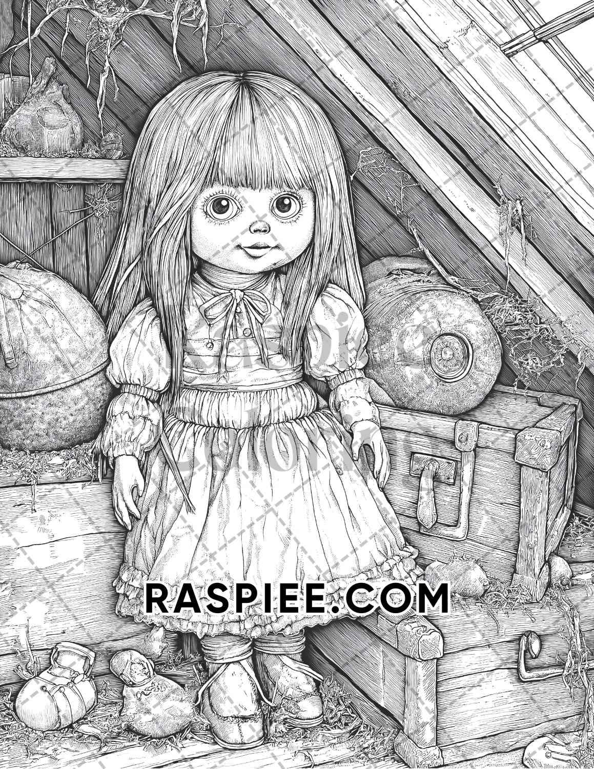 Haunted Dolls Halloween Horror Adult Coloring Pages Printable PDF Instant Download - RASPIEE