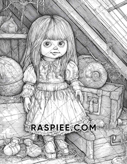 Haunted Dolls Halloween Horror Adult Coloring Pages Printable PDF Instant Download - RASPIEE