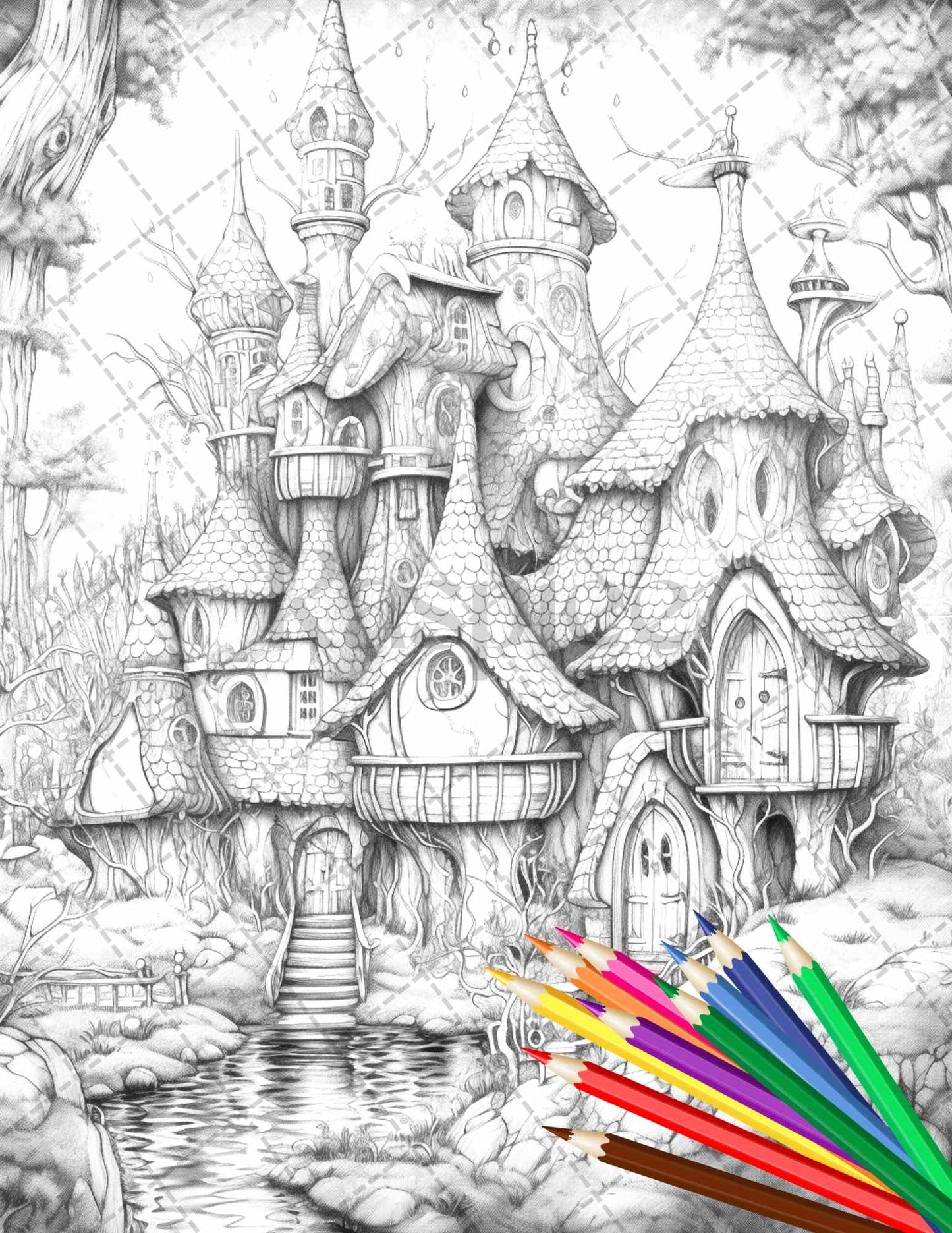 63 Winter Fairy Houses Grayscale Coloring Pages Printable for Adults, PDF File Instant Download - raspiee