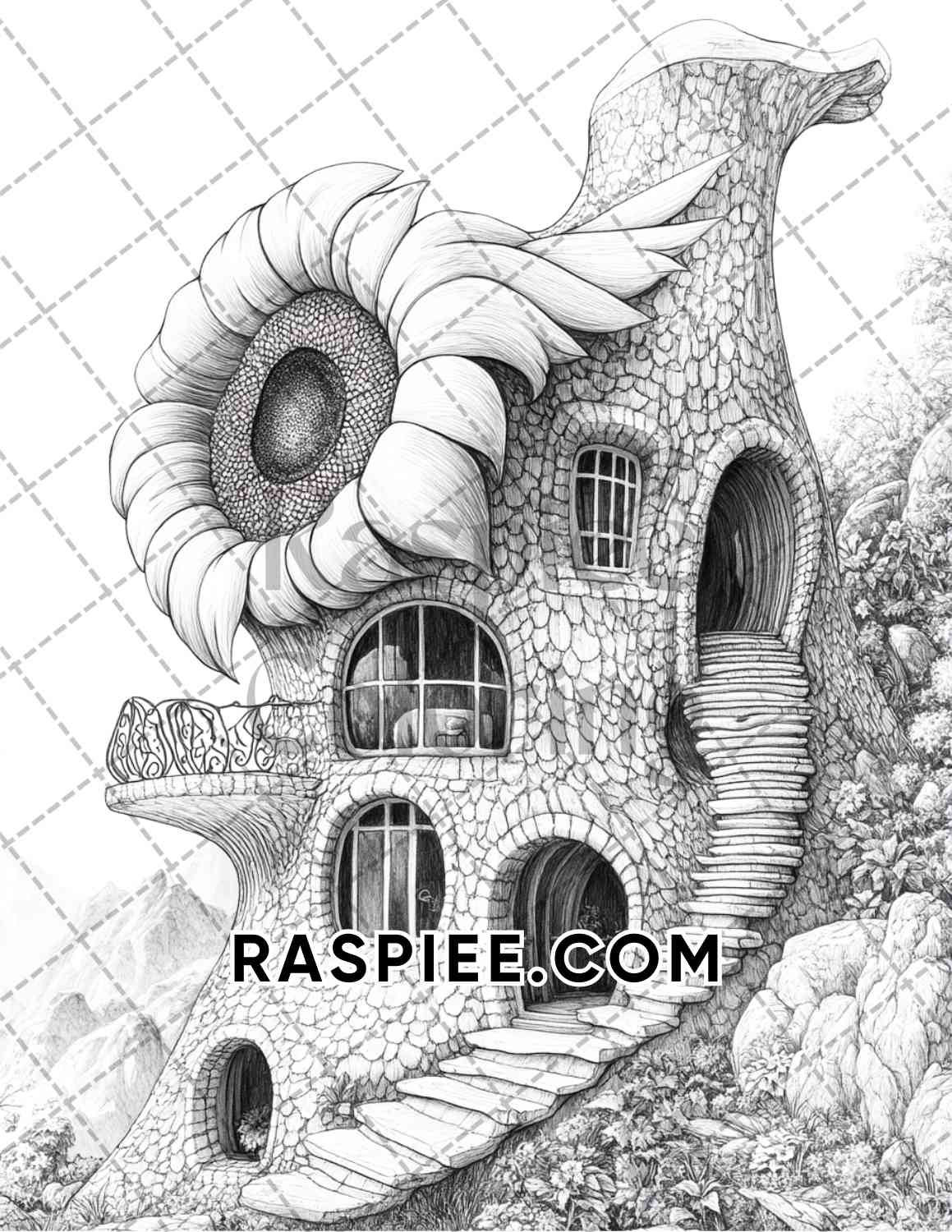 Fantasy Flower Houses Adult Coloring Pages Printable PDF Instant Download