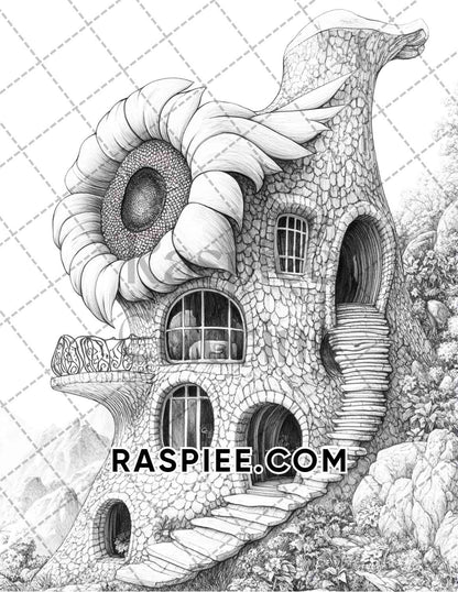 Fantasy Flower Houses Adult Coloring Pages Printable PDF Instant Download