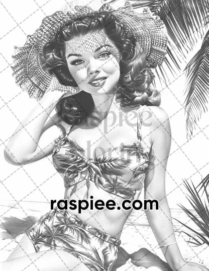 adult coloring pages, adult coloring sheets, adult coloring book pdf, adult coloring book printable, grayscale coloring pages, grayscale coloring books, grayscale illustration, portrait adult coloring pages, portrait adult coloring book, Vintage Summer Pin Up Girls Adult Coloring Pages
