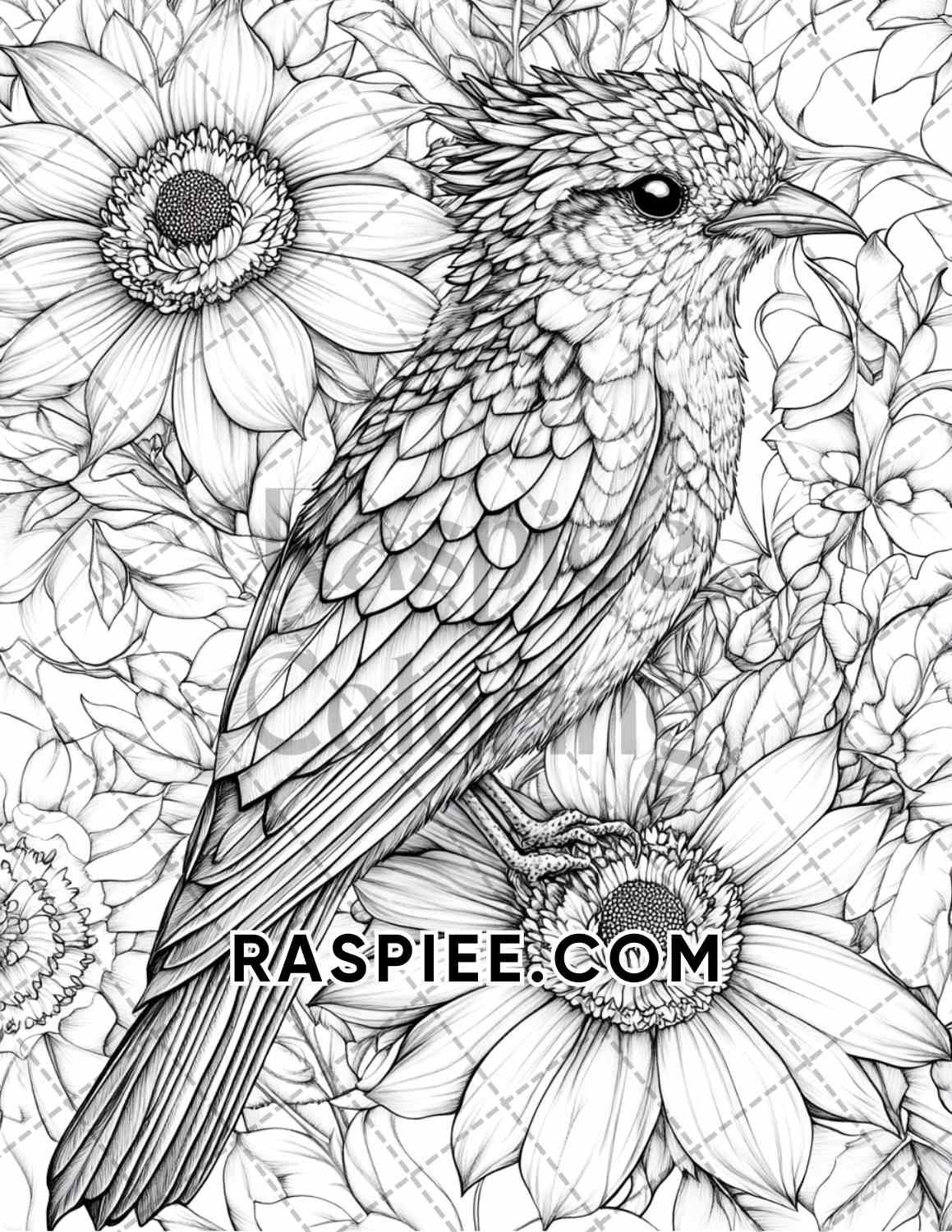 Flowers and Birds Adult Coloring Pages Printable PDF Instant Download - RASPIEE