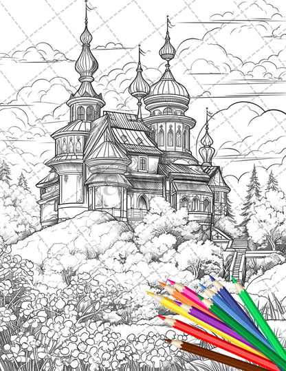 122 Fantasy Castles Coloring Book for Adults, Grayscale Coloring Page, Printable PDF Instant Download