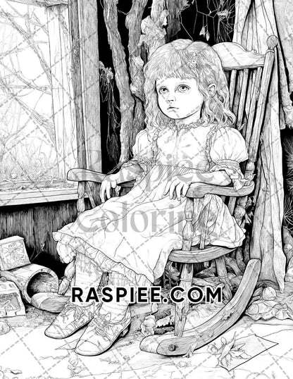 Haunted Dolls Halloween Horror Adult Coloring Pages Printable PDF Instant Download - RASPIEE