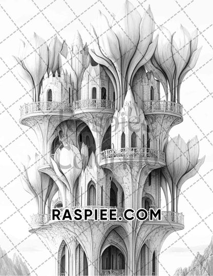 Fantasy Flower Houses Adult Coloring Pages Printable PDF Instant Download