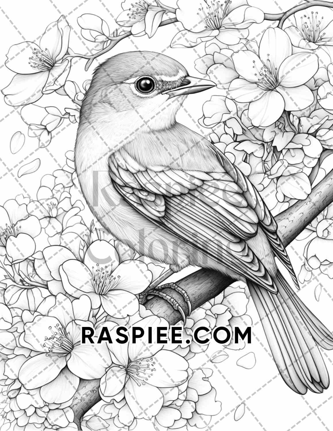 Flowers and Birds Adult Coloring Pages Printable PDF Instant Download - RASPIEE