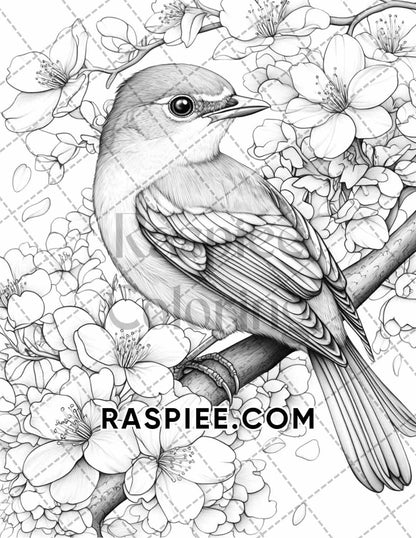 Flowers and Birds Adult Coloring Pages Printable PDF Instant Download - RASPIEE