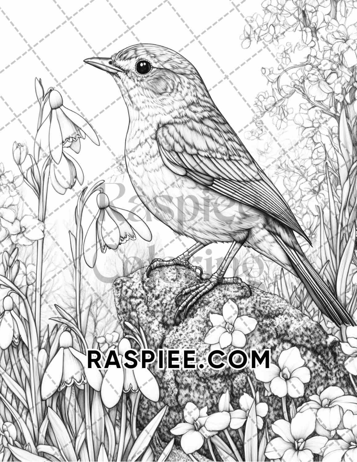 Flowers and Birds Adult Coloring Pages Printable PDF Instant Download - RASPIEE