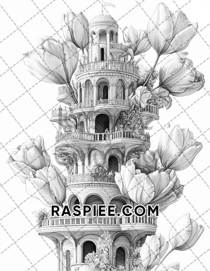 Fantasy Flower Houses Adult Coloring Pages Printable PDF Instant Download