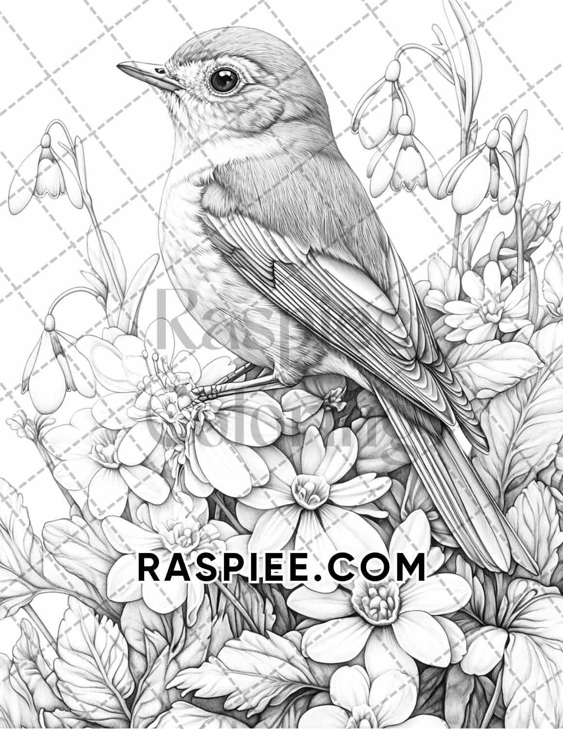 Flowers and Birds Adult Coloring Pages Printable PDF Instant Download - RASPIEE