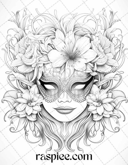 40 Masquerade Masks Grayscale Coloring Pages Printable for Adults, PDF File Instant Download - raspiee