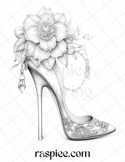 Wedding Flower Shoes Grayscale Coloring Page, Printable Adult Coloring Sheet, Floral Shoe Coloring Illustration, Wedding Coloring Book Artwork, Grayscale Flower Design Image