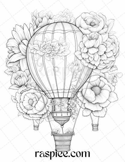 Flower Hot Air Balloons Grayscale Coloring Pages, Printable Coloring Sheets for Adults, DIY Coloring Art Activity, Relaxing Stress Relief Craft, Intricate Black and White Illustrations, High-Quality PDF Coloring Download