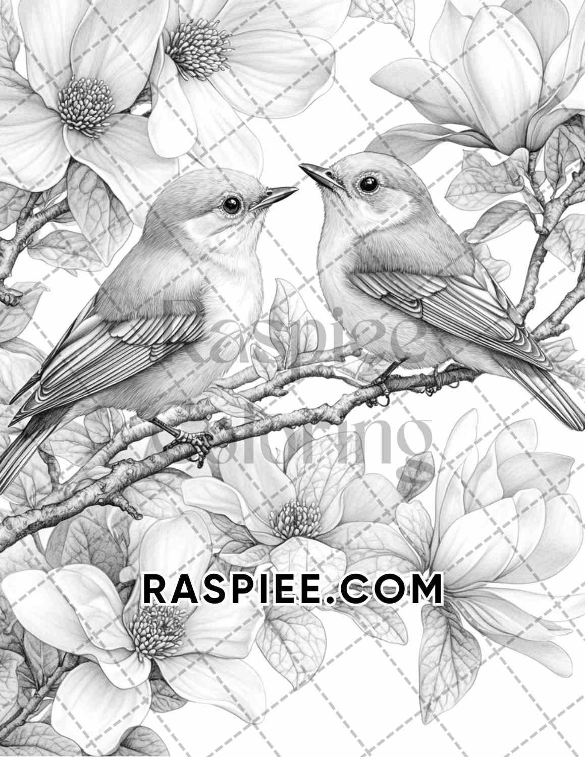 Flowers and Birds Adult Coloring Pages Printable PDF Instant Download - RASPIEE