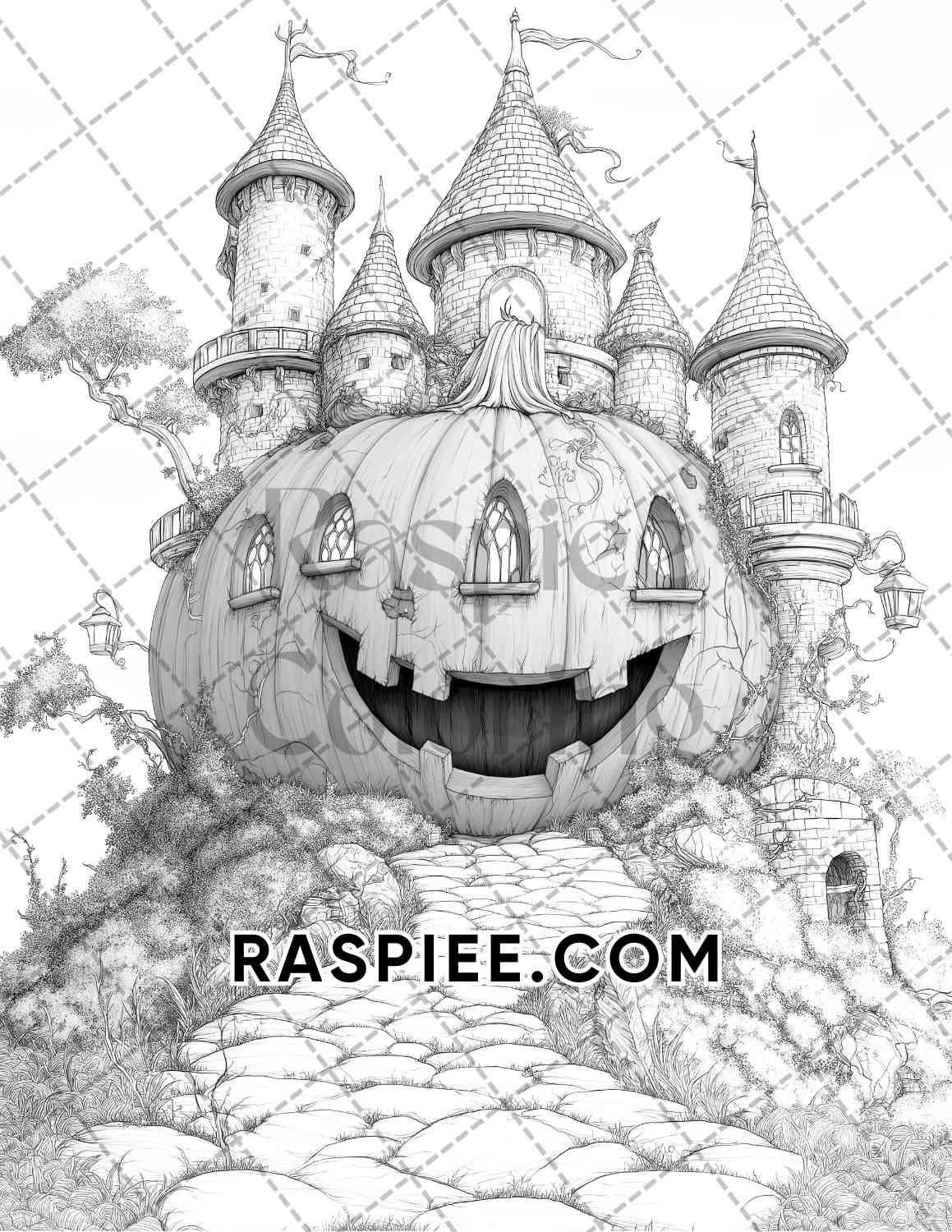 Fantasy Giant Pumpkin Castles Adult Coloring Pages Printable PDF Instant Download - RASPIEE