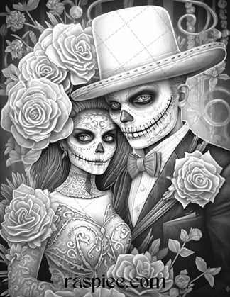50 Day of the Dead Grayscale Coloring Pages Printable for Adults, PDF