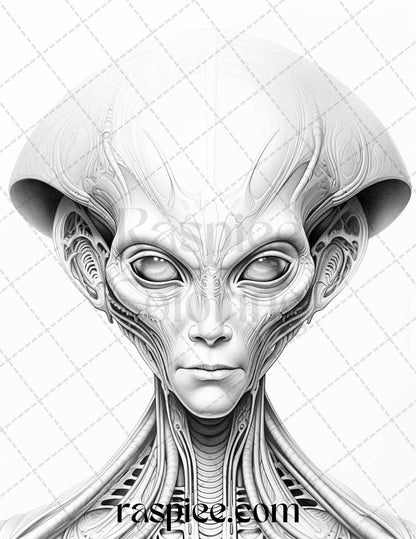 Alien Portrait Coloring Pages, Grayscale Sci-Fi Fantasy Coloring Pages, Printable Adult Coloring Sheets, Instant Download Printable, Relaxing Coloring Activity, Intricate Space Creatures, Cosmic Coloring Book Pages, Stress-Relieving Sci-Fi Art