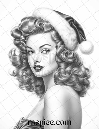 55 Vintage Christmas Pin Up Girls Grayscale Coloring Pages for Adults ...