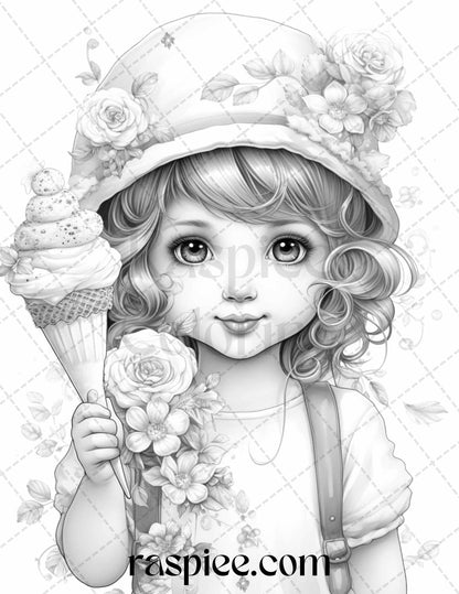 42 Adorable Girls with Ice Cream Grayscale Coloring Pages Printable for Adults Kids, PDF File Instant Download - Raspiee Coloring