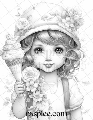42 Adorable Girls with Ice Cream Grayscale Coloring Pages Printable fo ...