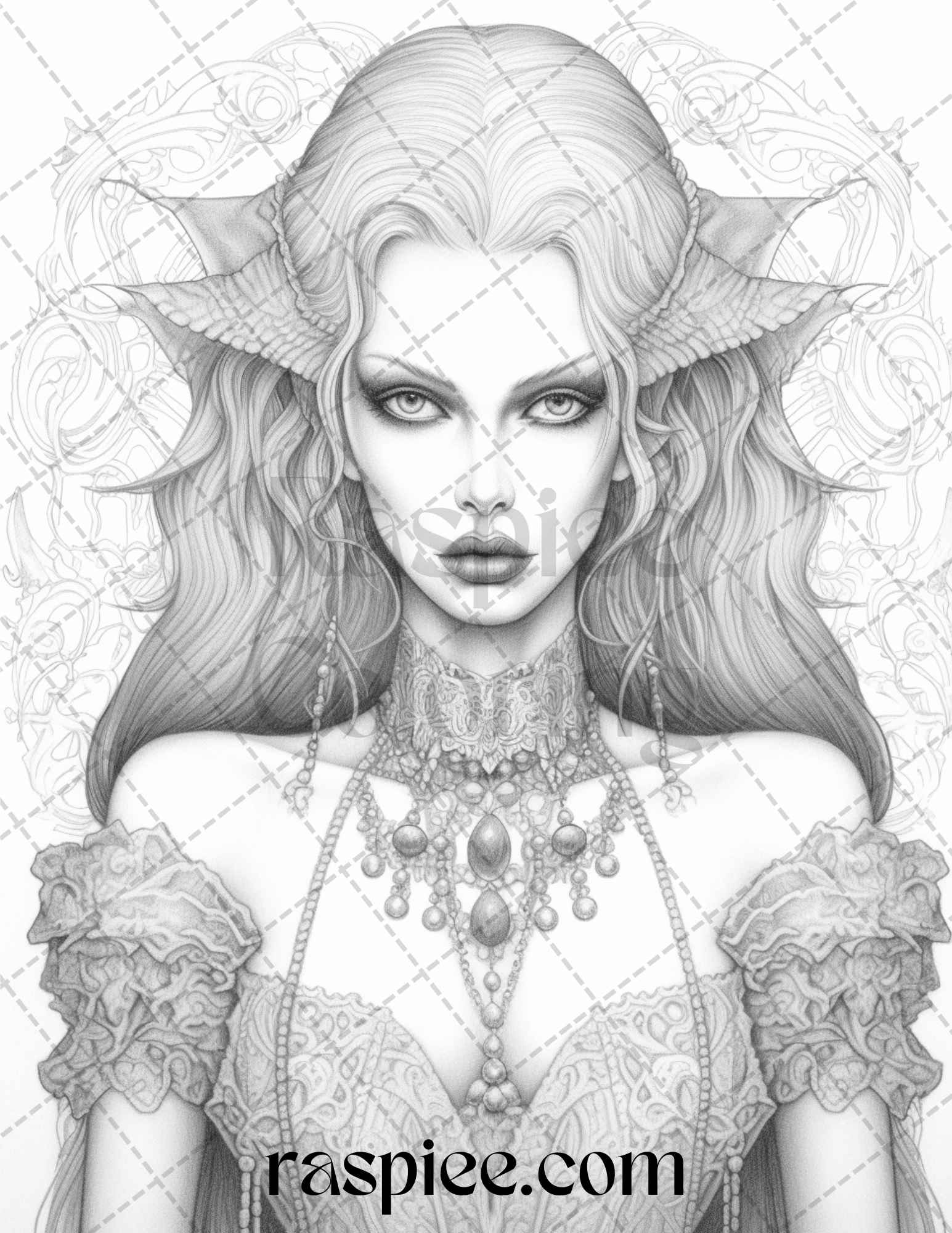 grayscale coloring pages, printable for adults, gothic vampire art, detailed illustrations, adult coloring book, Halloween coloring, fantasy creatures, spooky designs, dark fantasy, vampire theme, intricate artwork, printable grayscale pages, gothic art, supernatural coloring