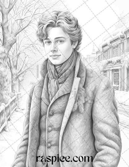 Victorian Winter Coloring Page, Grayscale Adult Coloring Printable, Detailed Vintage Portrait, Instant Download Art, Stress-Relief Coloring Sheet, DIY Craft Supply Illustration, Relaxing Coloring Activity, Vintage Style Coloring Book, Winter Scene Coloring, Portrait Coloring Pages, Christmas Coloring Pages
