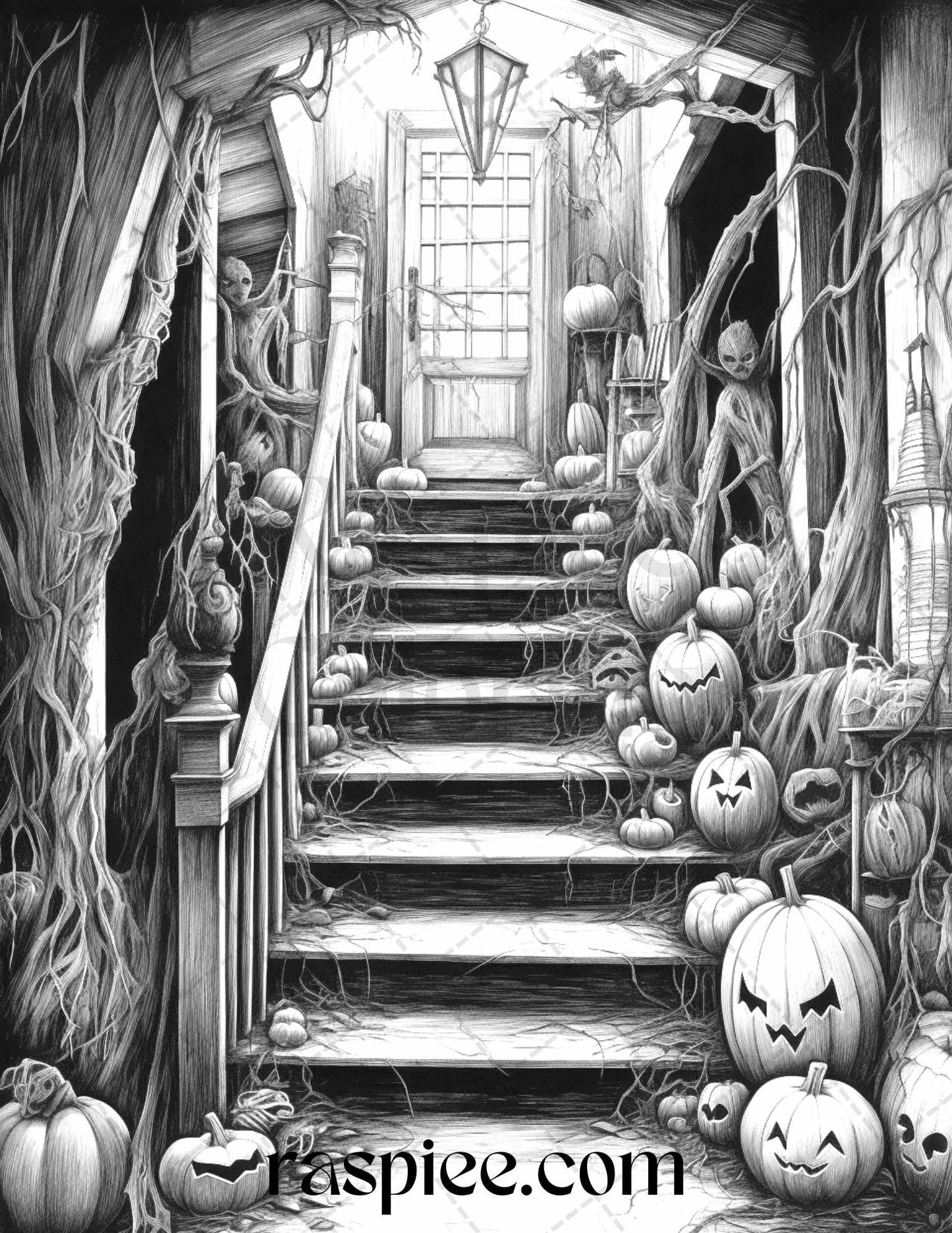 Halloween home decor coloring pages, Spooky haunted house coloring sheets, Autumn-themed adult coloring printables, Macabre Halloween coloring pages, Gothic pumpkin patterns for coloring