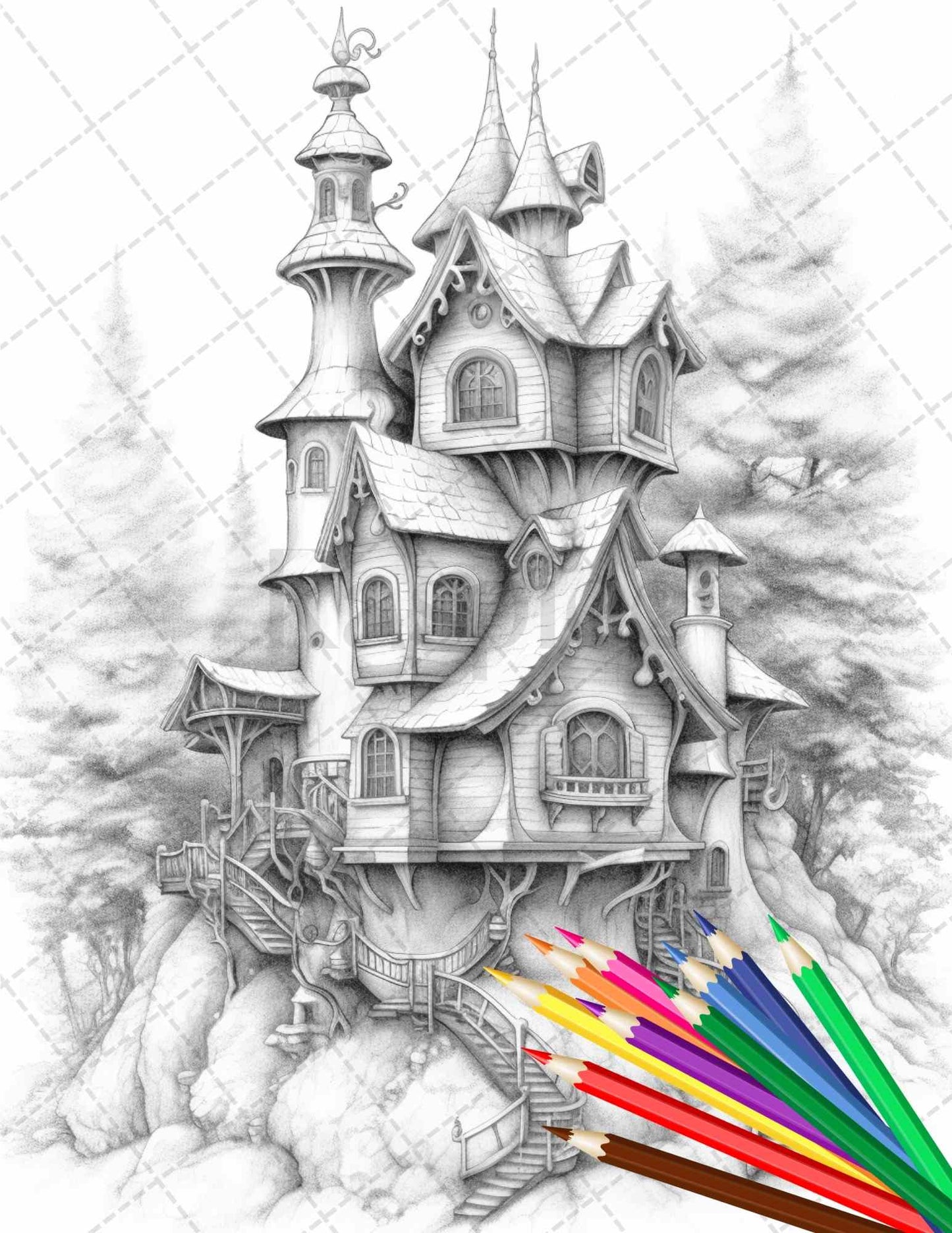 63 Winter Fairy Houses Grayscale Coloring Pages Printable for Adults, PDF File Instant Download - raspiee