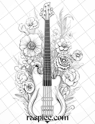 30 Musical Instrument Flower Grayscale Coloring Pages Printable for Ad ...