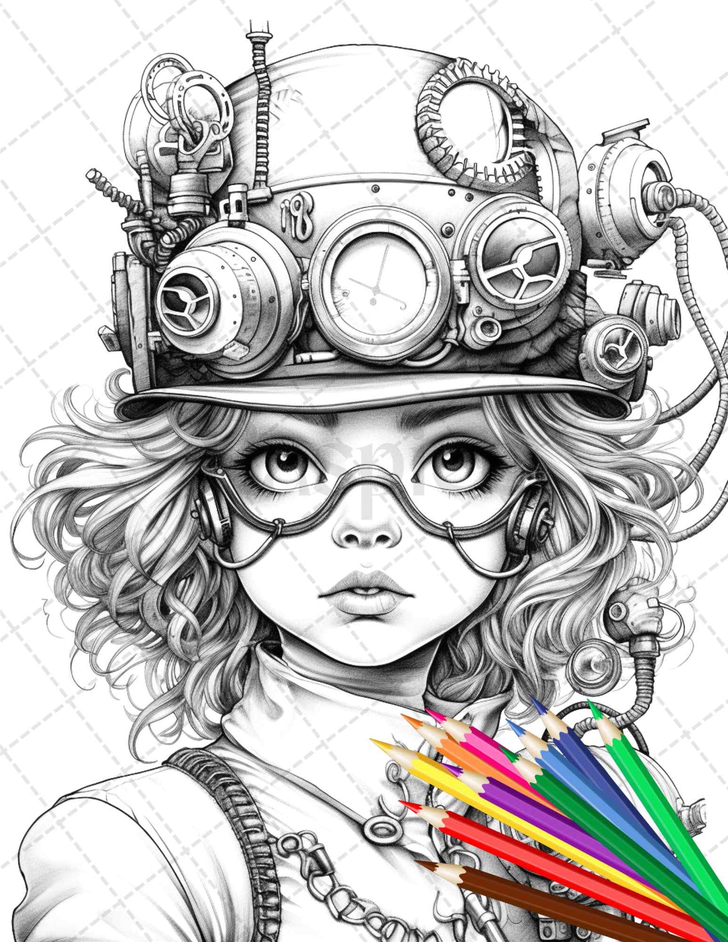 31 Adorable Steampunk Girls Coloring Pages Printable for Adults, Grayscale Coloring Page, PDF File Instant Download - raspiee