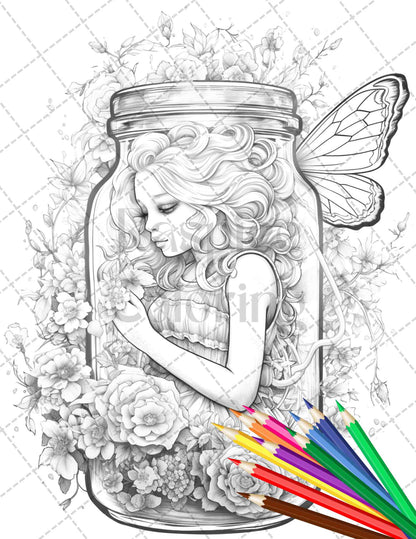 40 Beautiful Fairies in Jar Grayscale Coloring Pages Printable for Adults, PDF File Instant Download - raspiee