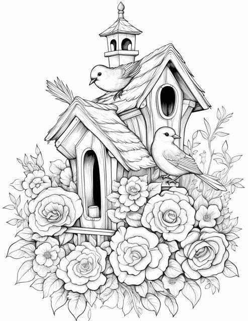 Free Flower Bird House Grayscale Coloring Pages Printable for Adults,