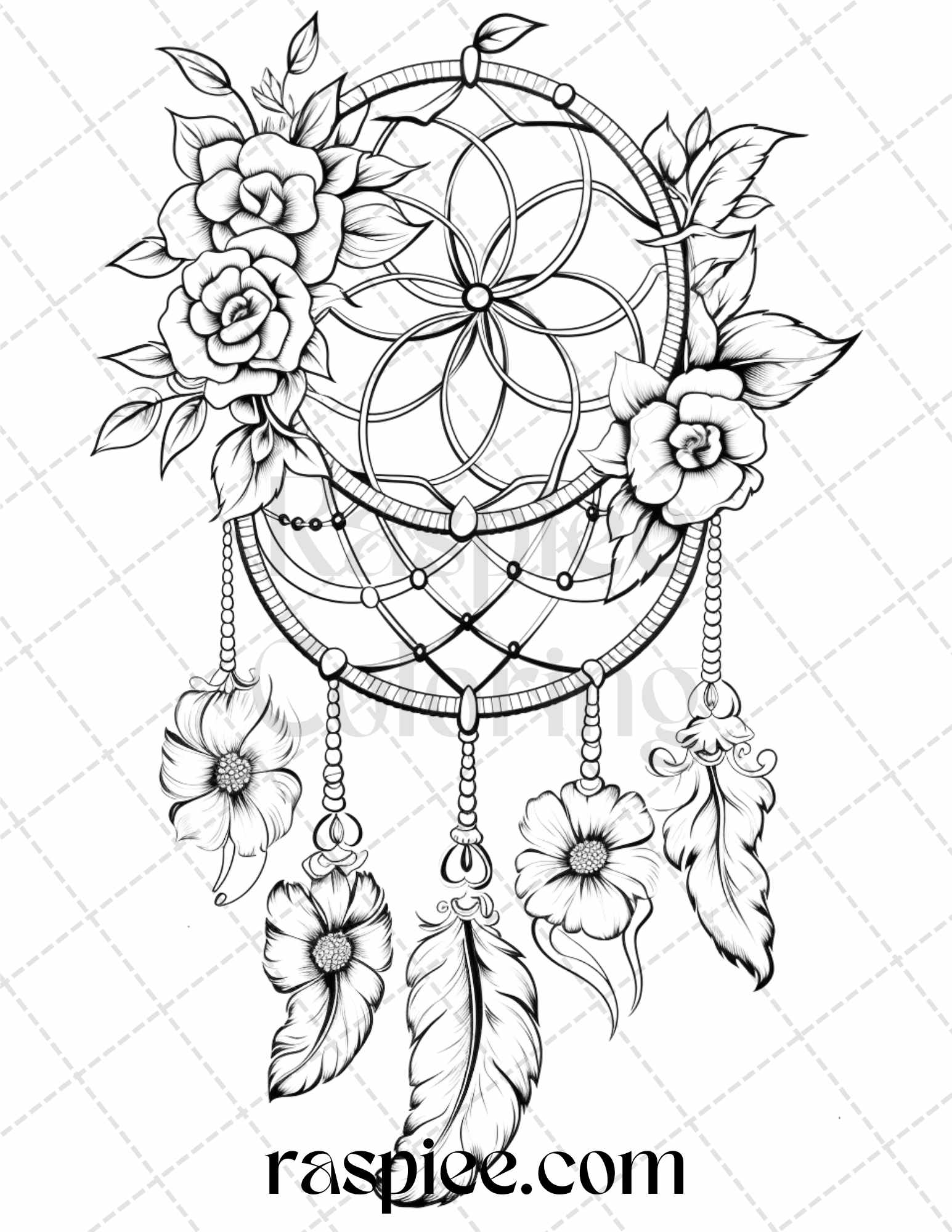 30 Flower Dreamcatcher Grayscale Coloring Pages Printable for Adults, PDF File Instant Download - raspiee