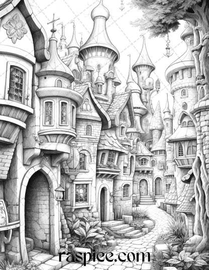40 Fantasy Village Grayscale Coloring Pages Printable for Adults, PDF File Instant Download - raspiee