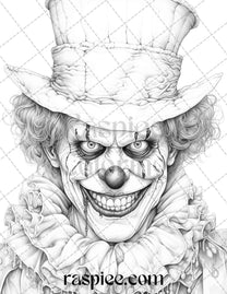 40 Spooky Clowns Grayscale Coloring Pages Printable for Adults, PDF Fi ...