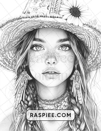 88 Bohemian Little Girls Portrait Adult Coloring Pages