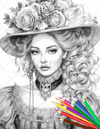 43 Beautiful Victorian Women Grayscale Coloring Pages Printable for Ad ...