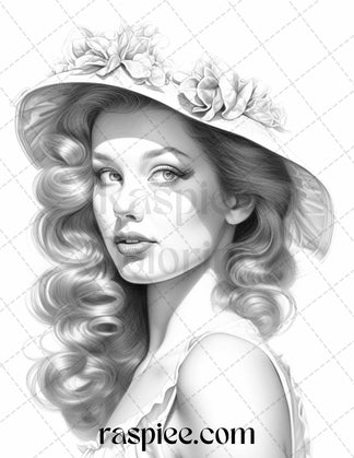 50 Vintage Pin Up Girls Grayscale Coloring Pages Printable for Adults ...