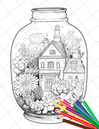 34 Enchanted Terrarium Grayscale Coloring Pages Printable for Adults, PDF File Instant Download - raspiee