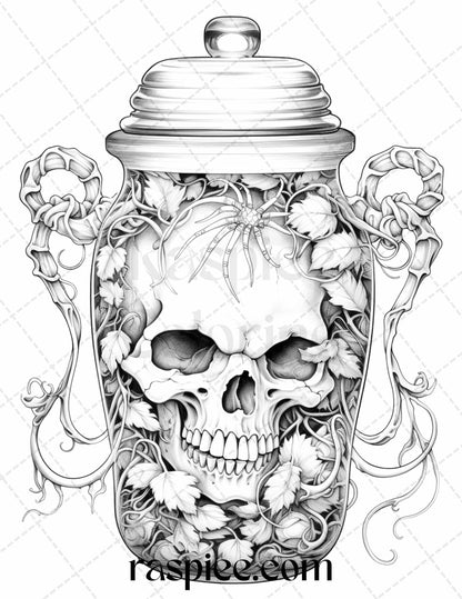 Halloween in Jar Grayscale Printable Coloring Pages, Halloween Jar Illustrations for Adults, Spooky Grayscale Coloring Sheets, Printable Halloween Coloring Fun, Adult Grayscale Coloring Designs, Halloween Printable Decorations, Relaxing Halloween Coloring Pages